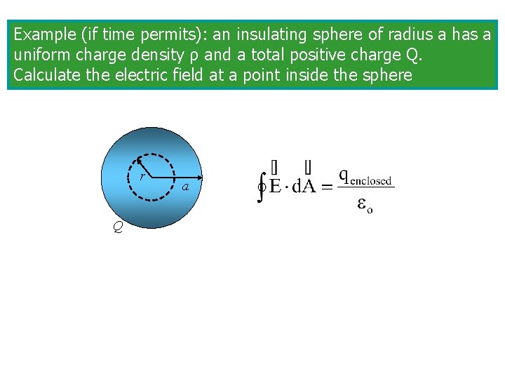 Example (if time permits): an insulating sphere of radius a has a uniform charge