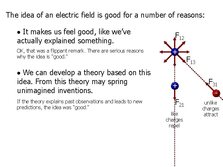 The idea of an electric field is good for a number of reasons: It