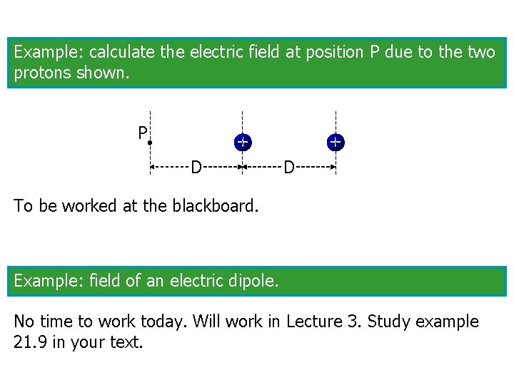 Example: calculate the electric field at position P due to the two protons shown.