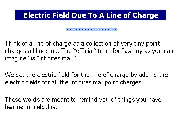 Electric Field Due To A Line of Charge + + + + Think of