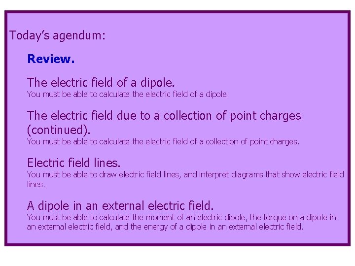 Today’s agendum: Review. The electric field of a dipole. You must be able to