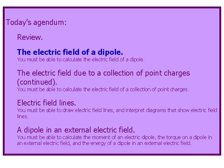 Today’s agendum: Review. The electric field of a dipole. You must be able to