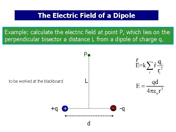 The Electric Field of a Dipole Example: calculate the electric field at point P,