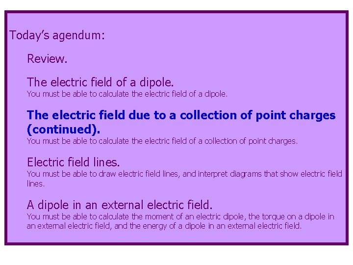 Today’s agendum: Review. The electric field of a dipole. You must be able to