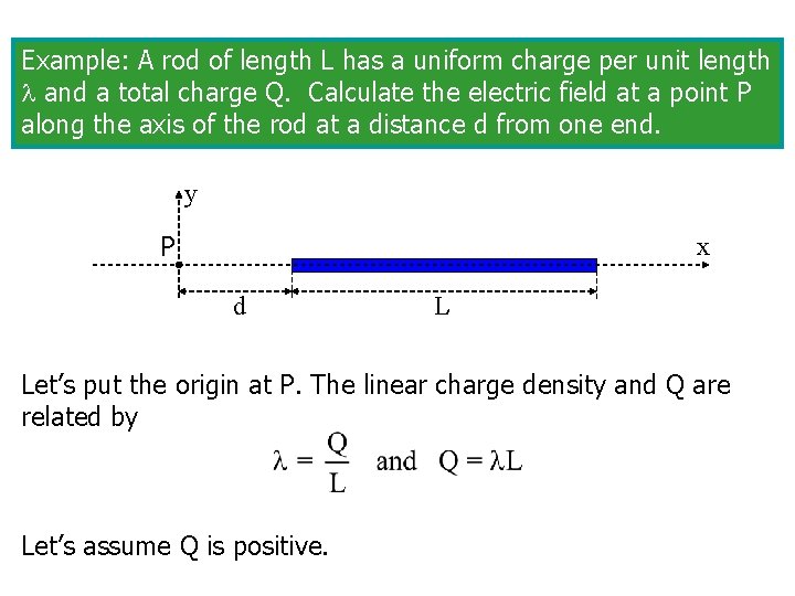 Example: A rod of length L has a uniform charge per unit length and