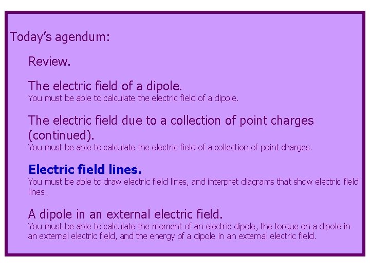 Today’s agendum: Review. The electric field of a dipole. You must be able to