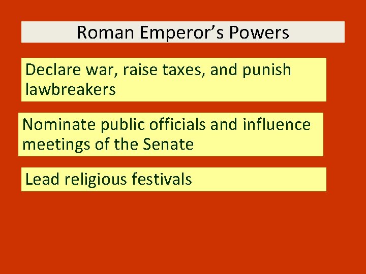 Roman Emperor’s Powers Declare war, raise taxes, and punish lawbreakers Nominate public officials and