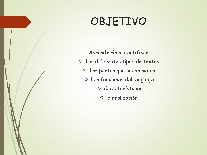 OBJETIVO Aprenderás a identificar Los diferentes tipos de textos Las partes que lo componen