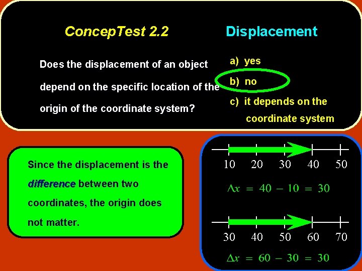 Concep. Test 2. 2 Does the displacement of an object depend on the specific