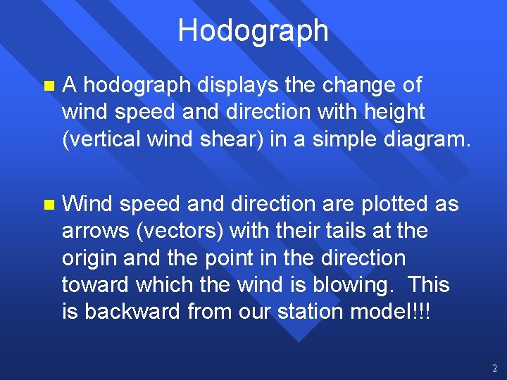 Hodograph n A hodograph displays the change of wind speed and direction with height