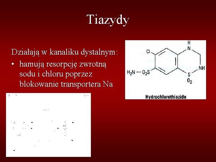 Tiazydy Działają w kanaliku dystalnym: • hamują resorpcję zwrotną sodu i chloru poprzez blokowanie Tiazydy Działają w kanaliku dystalnym: • hamują resorpcję zwrotną sodu i chloru poprzez blokowanie