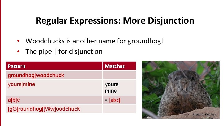 Dan Jurafsky Regular Expressions: More Disjunction • Woodchucks is another name for groundhog! •