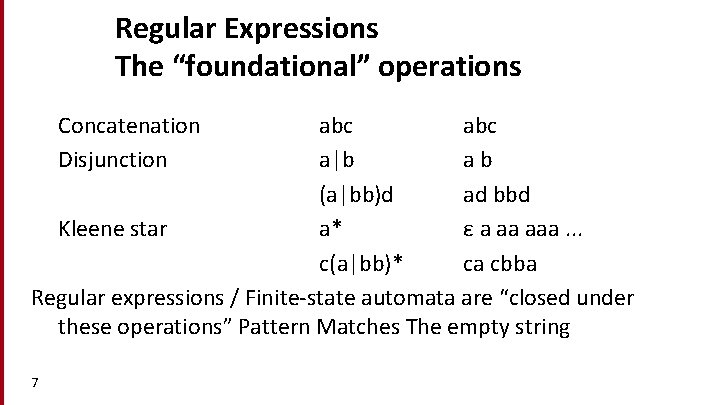 Dan Jurafsky Regular Expressions The “foundational” operations Concatenation Disjunction abc a|b ab (a|bb)d ad Dan Jurafsky Regular Expressions The “foundational” operations Concatenation Disjunction abc a|b ab (a|bb)d ad