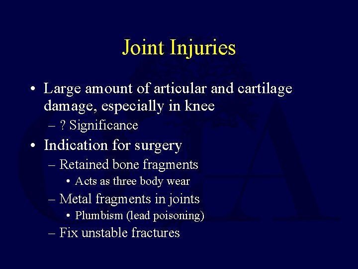 Joint Injuries • Large amount of articular and cartilage damage, especially in knee – Joint Injuries • Large amount of articular and cartilage damage, especially in knee –