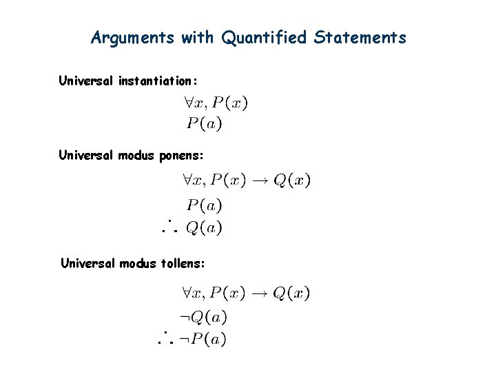 Arguments with Quantified Statements Universal instantiation: Universal modus ponens: Universal modus tollens: 