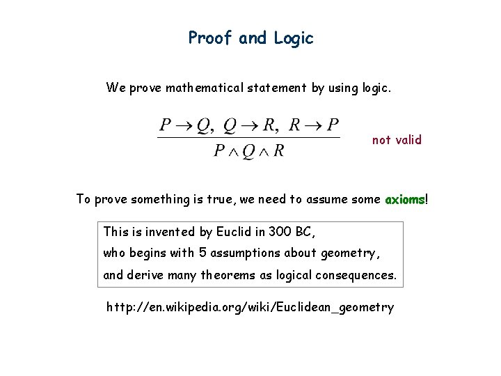 Proof and Logic We prove mathematical statement by using logic. not valid To prove