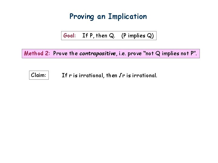 Proving an Implication Goal: If P, then Q. (P implies Q) Method 2: Prove