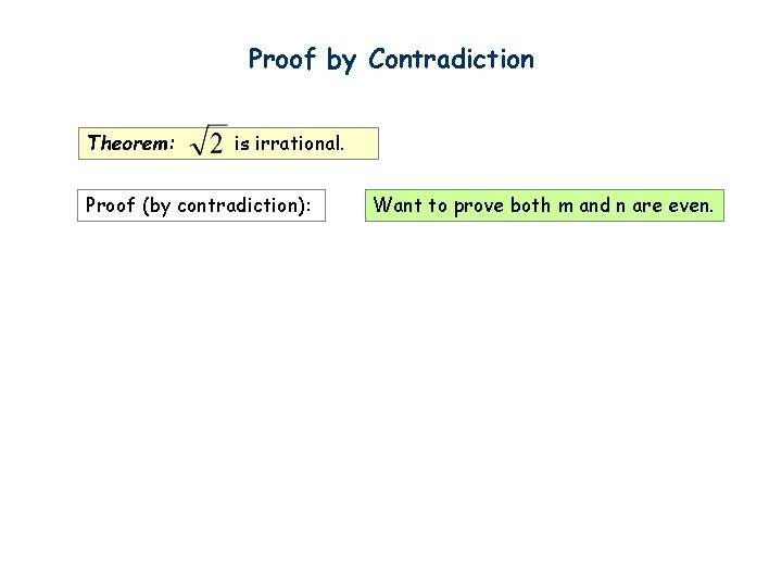 Proof by Contradiction Theorem: is irrational. Proof (by contradiction): Want to prove both m