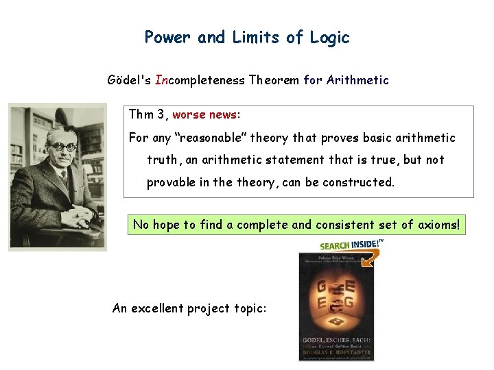 Power and Limits of Logic Gödel's Incompleteness Theorem for Arithmetic Thm 3, worse news: