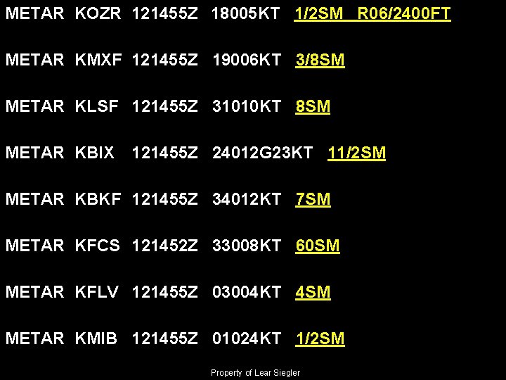 METAR KOZR 121455 Z 18005 KT 1/2 SM R 06/2400 FT METAR KMXF 121455