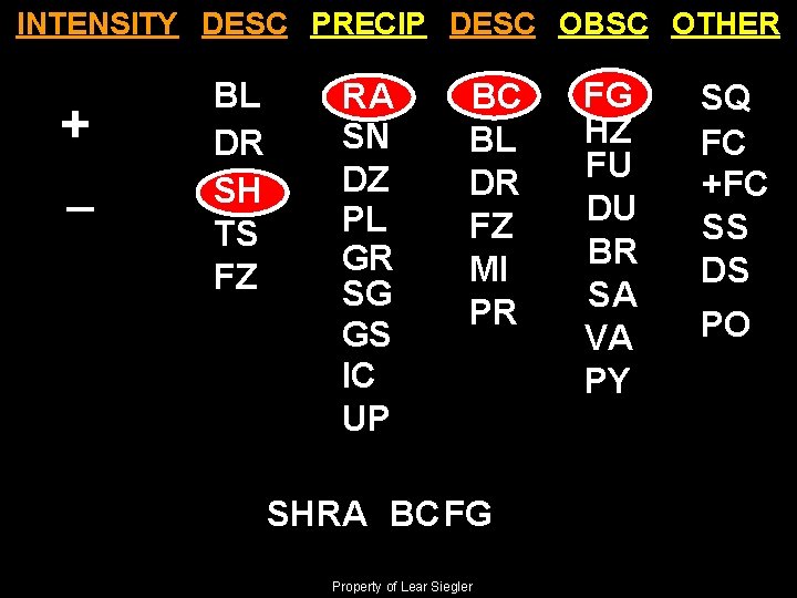 INTENSITY DESC PRECIP DESC OBSC OTHER + _ BL DR SH TS FZ RA