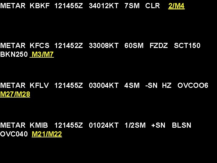 METAR KBKF 121455 Z 34012 KT 7 SM CLR 2/M 4 METAR KFCS 121452