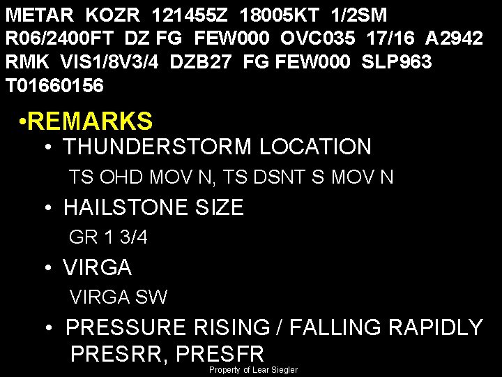 METAR KOZR 121455 Z 18005 KT 1/2 SM R 06/2400 FT DZ FG FEW
