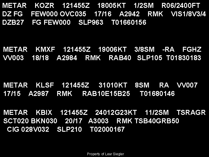 METAR KOZR 121455 Z 18005 KT 1/2 SM R 06/2400 FT DZ FG FEW