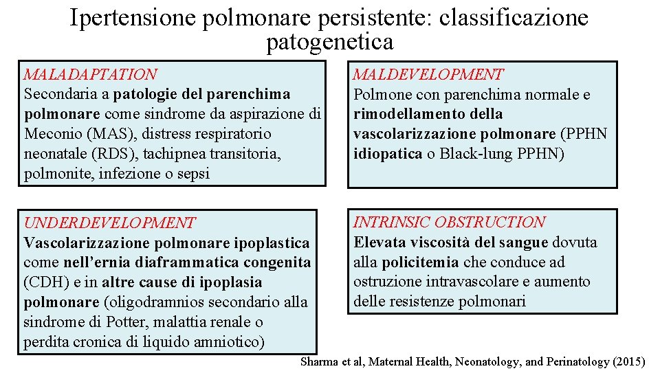 Ipertensione polmonare persistente: classificazione patogenetica MALADAPTATION Secondaria a patologie del parenchima polmonare come sindrome