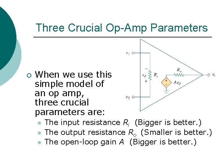 Three Crucial Op-Amp Parameters ¡ When we use this simple model of an op