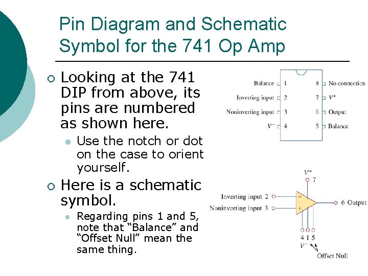 Pin Diagram and Schematic Symbol for the 741 Op Amp ¡ Looking at the