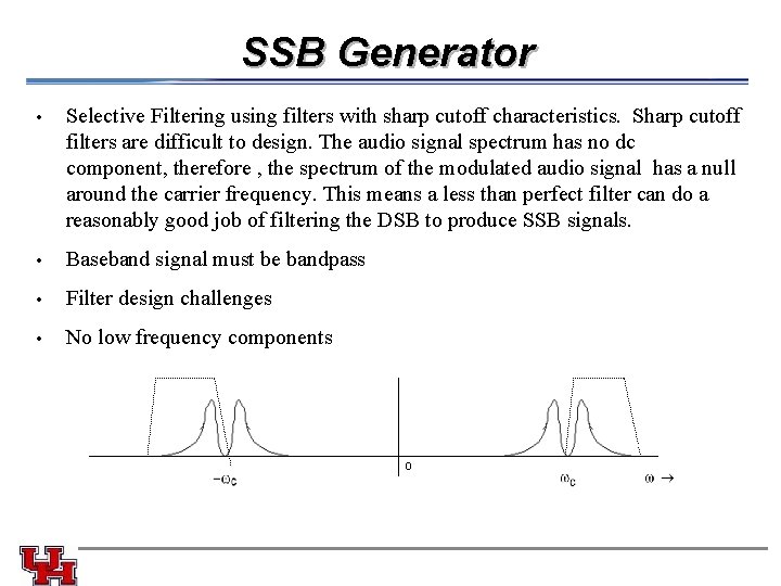 SSB Generator • Selective Filtering using filters with sharp cutoff characteristics. Sharp cutoff filters