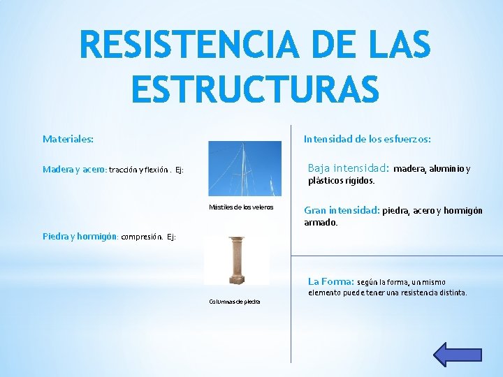 RESISTENCIA DE LAS ESTRUCTURAS Materiales: Intensidad de los esfuerzos: Baja intensidad: madera, aluminio y