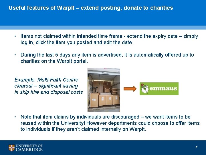 Useful features of Warp. It – extend posting, donate to charities • Items not