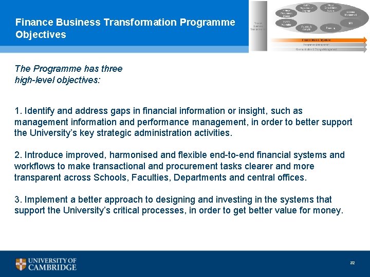 Finance Business Transformation Programme Objectives The Programme has three high-level objectives: 1. Identify and