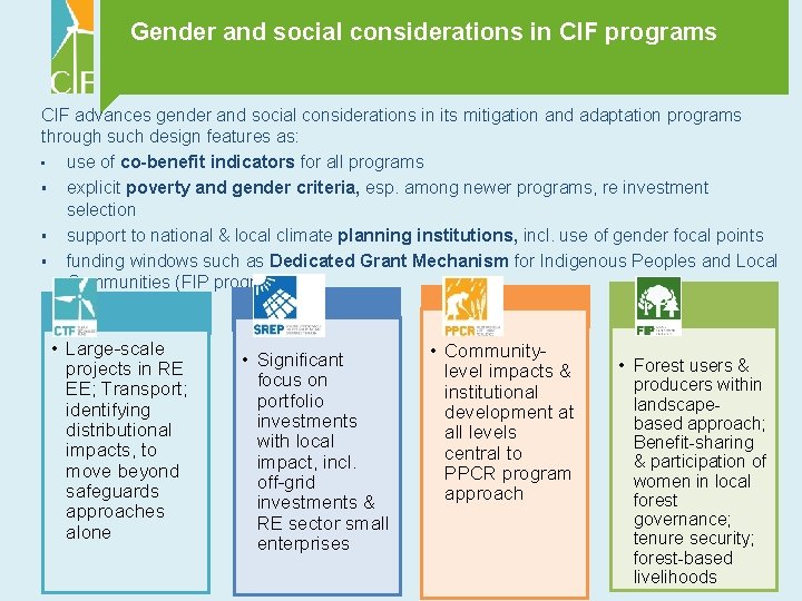 Gender and social considerations in CIF programs CIF advances gender and social considerations in