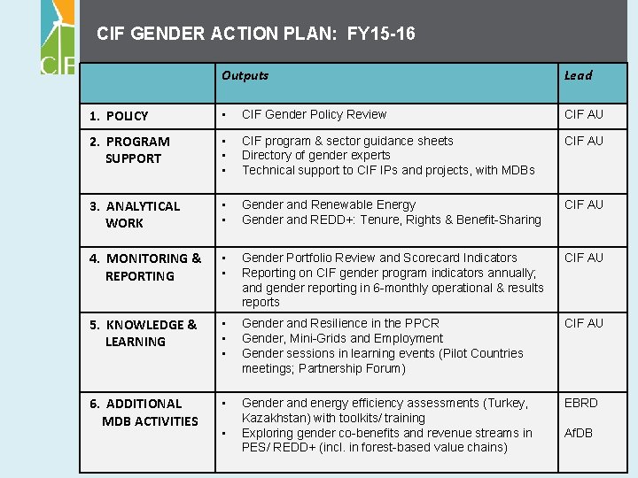CIF GENDER ACTION PLAN: FY 15 -16 Outputs Lead 1. POLICY • CIF Gender