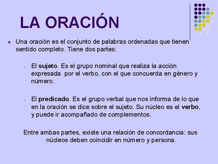 LA ORACIÓN Una oración es el conjunto de palabras ordenadas que tienen sentido completo.