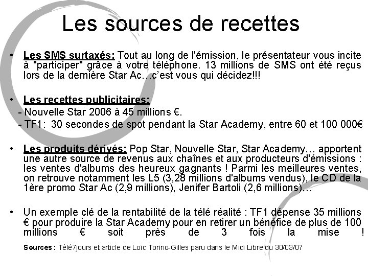 Les sources de recettes • Les SMS surtaxés: Tout au long de l'émission, le Les sources de recettes • Les SMS surtaxés: Tout au long de l'émission, le