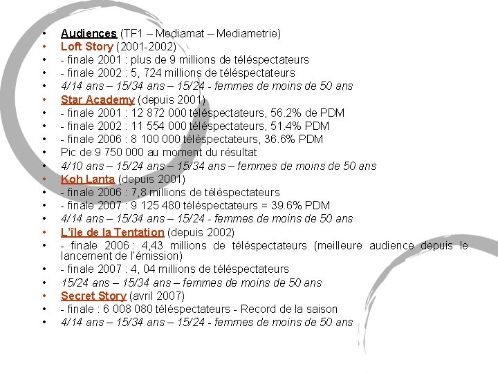 • • • • • • Audiences (TF 1 – Mediamat – Mediametrie) • • • • • • Audiences (TF 1 – Mediamat – Mediametrie)