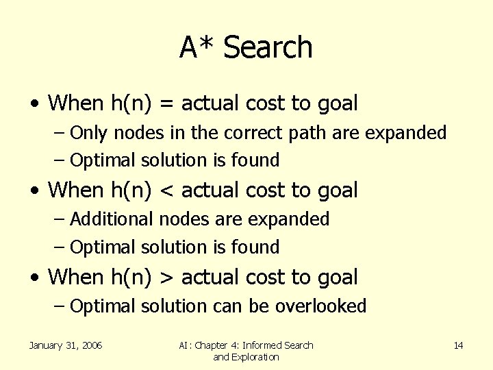 A* Search • When h(n) = actual cost to goal – Only nodes in