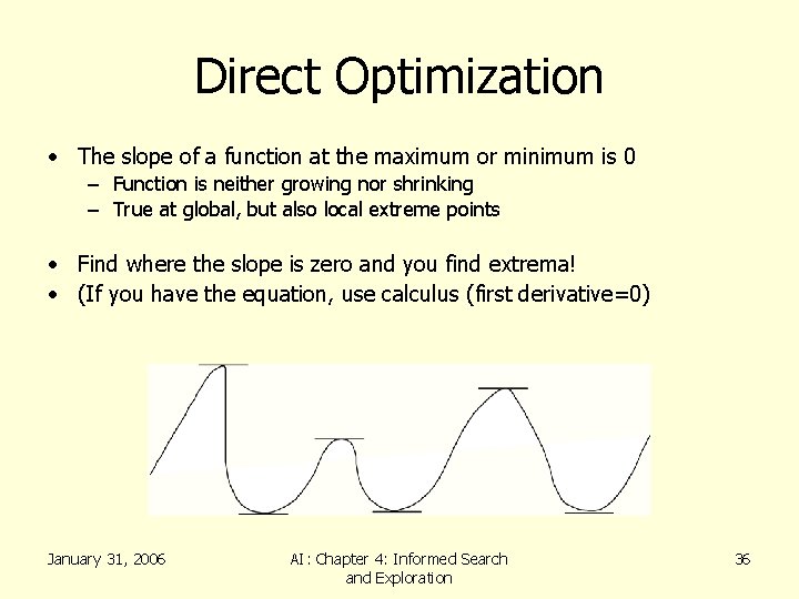 Direct Optimization • The slope of a function at the maximum or minimum is