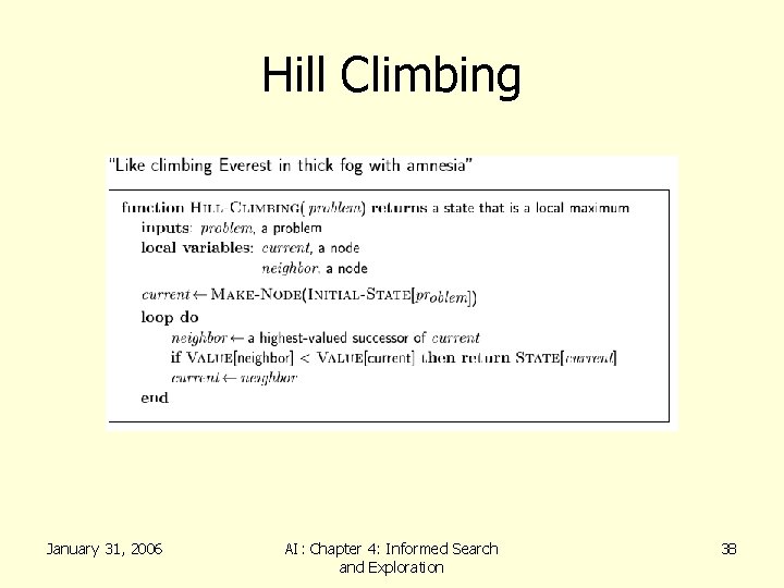 Hill Climbing January 31, 2006 AI: Chapter 4: Informed Search and Exploration 38 