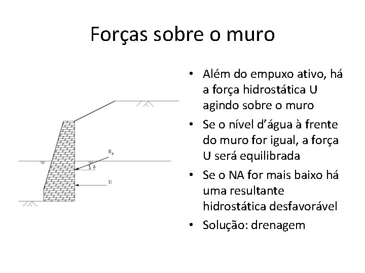 Forças sobre o muro • Além do empuxo ativo, há a força hidrostática U