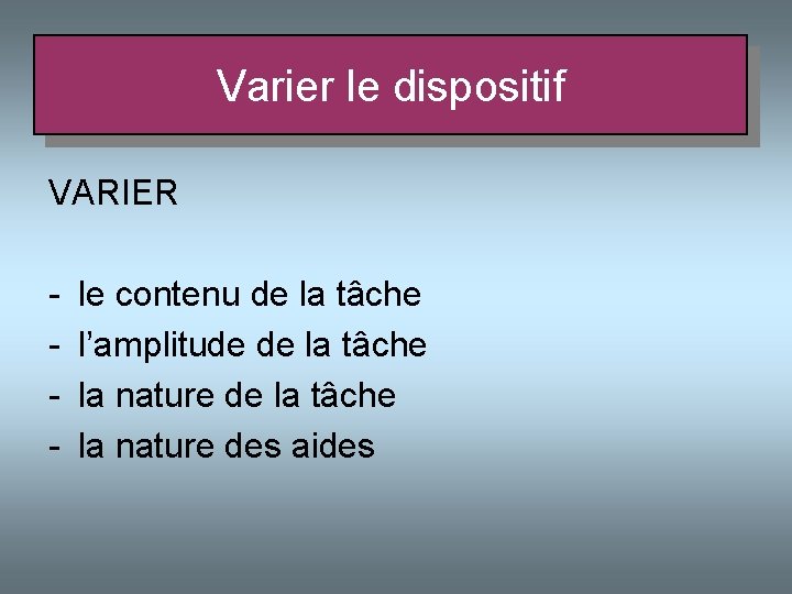 Varier le dispositif VARIER - le contenu de la tâche l’amplitude de la tâche