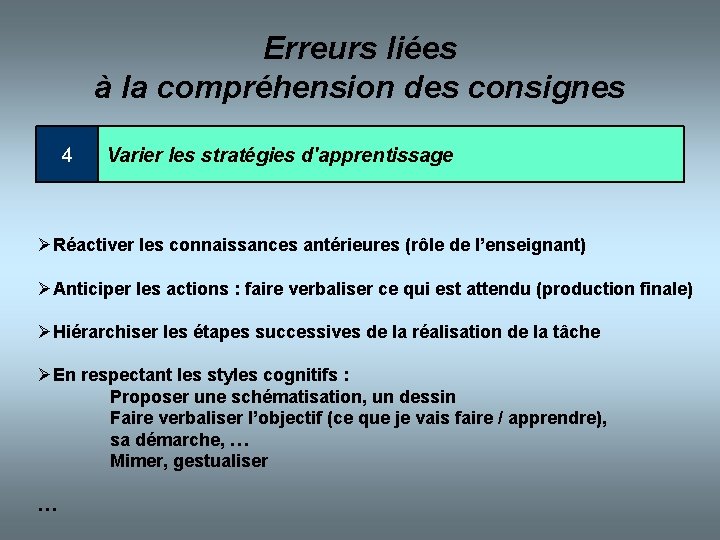 Erreurs liées à la compréhension des consignes 4 Varier les stratégies d'apprentissage ØRéactiver les