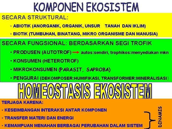 SECARA STRUKTURAL: • ABIOTIK (ANORGANIK, UNSUR TANAH DAN IKLIM) • BIOTIK (TUMBUHAN, BINATANG, MIKRO