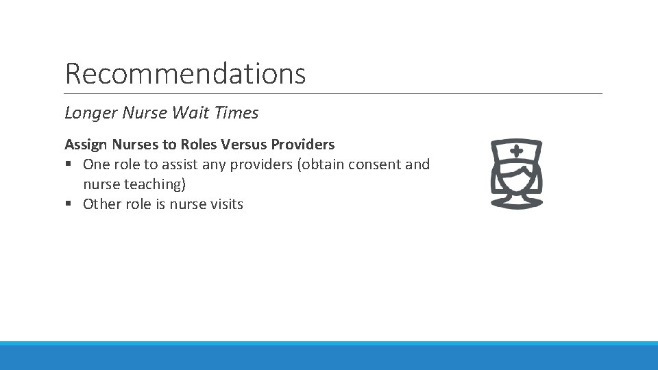 Recommendations Longer Nurse Wait Times Assign Nurses to Roles Versus Providers § One role