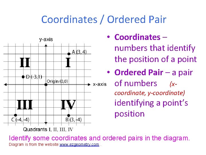 Coordinates / Ordered Pair • Coordinates – numbers that identify the position of a