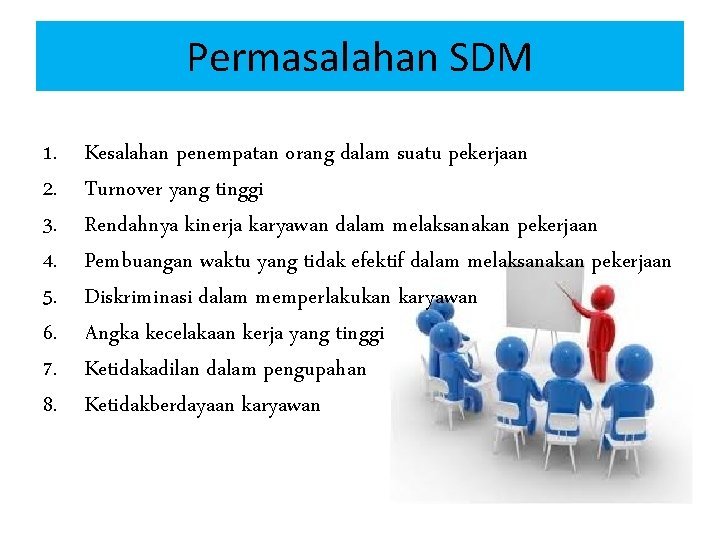 Permasalahan SDM 1. 2. 3. 4. 5. 6. 7. 8. Kesalahan penempatan orang dalam